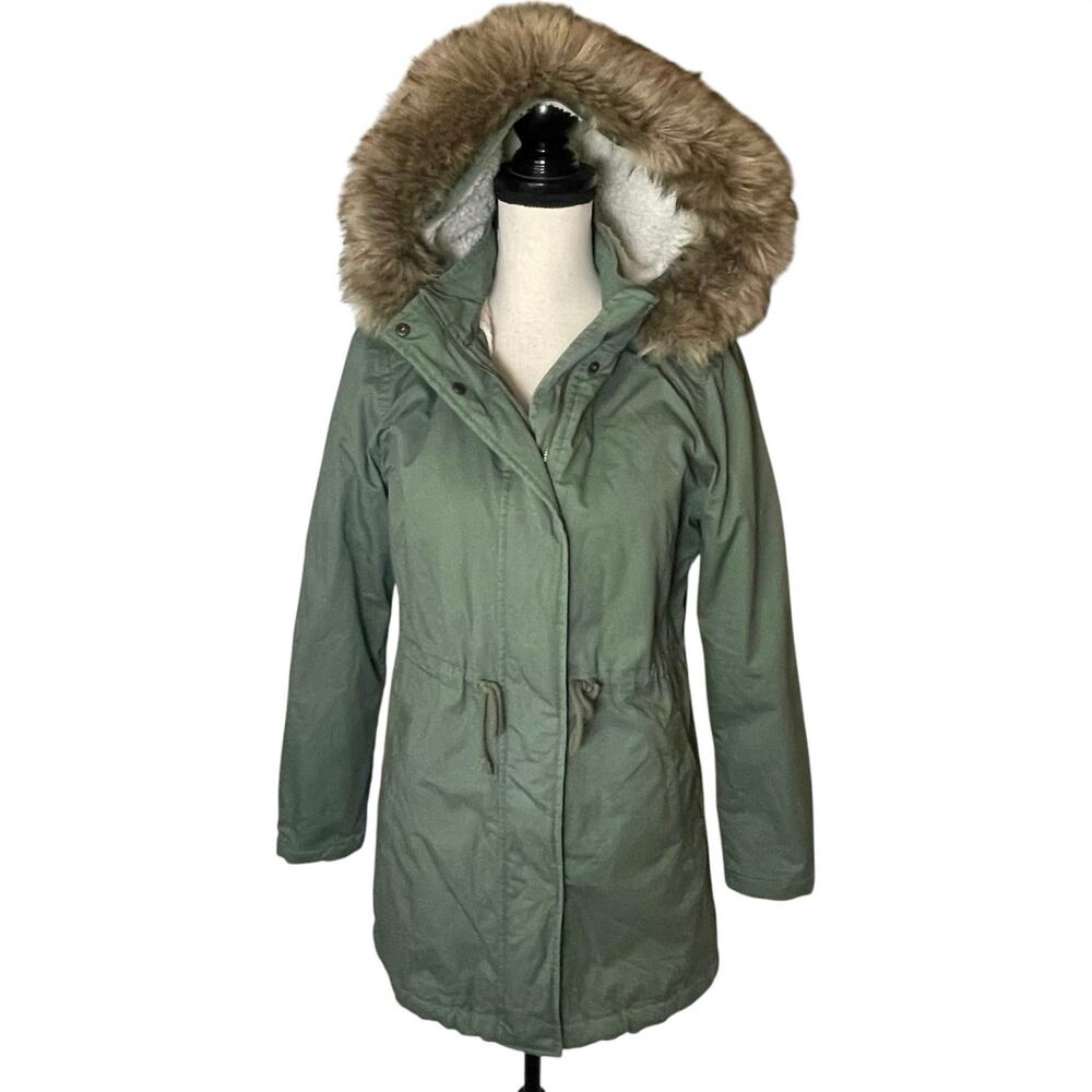 GAP Sherpa Lined Green Utility Parka Jacket with Faux Fur Hood Size Small